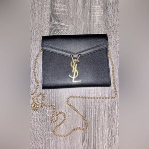 Authentic Saint Laurent Cassandre Wallet On Chain. Black grained leather